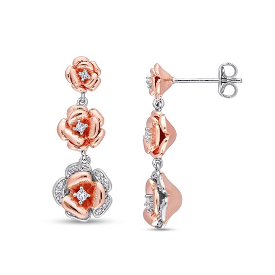 Lab-Created White Sapphire and 1/10 CT. T.W. Diamond Flower Trio Drop Earrings in Sterling Silver and Rose Rhodium Lab-Created White Sapphire and 1/10 CT. T.W. Diamond Flower Trio Drop Earrings in Sterling Silver and Rose Rhodium