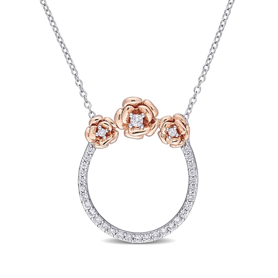 Lab-Created White Sapphire Flower Trio Circle Necklace in Sterling Silver and Rose Rhodium Lab-Created White Sapphire Flower Trio Circle Necklace in Sterling Silver and Rose Rhodium