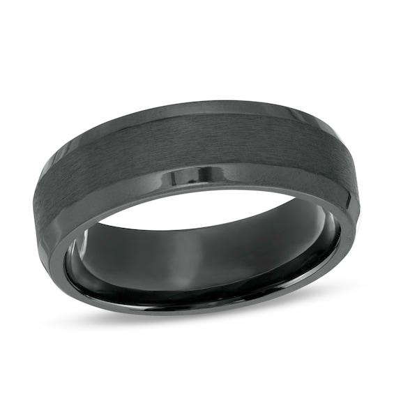 Men's 7.0mm Satin Center Beveled Edge Comfort-Fit Band in Black Titanium