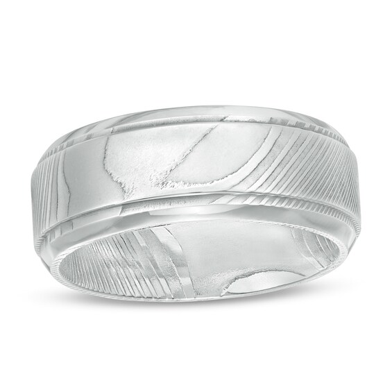 Men's 9.0mm Stepped-Edge Inlay with Beveled-Edge Comfort-Fit Wedding Band in Damascus Stainless Steel Men's 9.0mm Stepped-Edge Inlay with Beveled-Edge Comfort-Fit Wedding Band in Damascus Stainless Steel