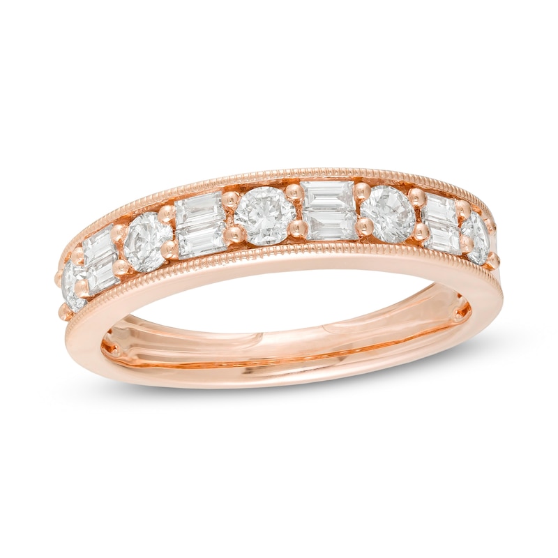 Main Image 1 of 3/4 CT. T.W. Baguette and Round Diamond Vintage-Style Anniversary Band in 10K Rose Gold