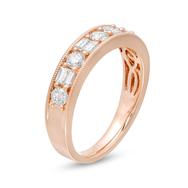Main Image 3 of 3/4 CT. T.W. Baguette and Round Diamond Vintage-Style Anniversary Band in 10K Rose Gold