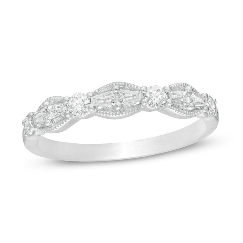 Main Image 1 of 3/8 CT. T.W. Baguette and Round Diamond Vintage-Style Band in 10K White Gold