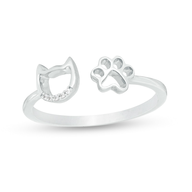 Diamond Accent Cat Outline and Paw Print Open Ring in Sterling Silver