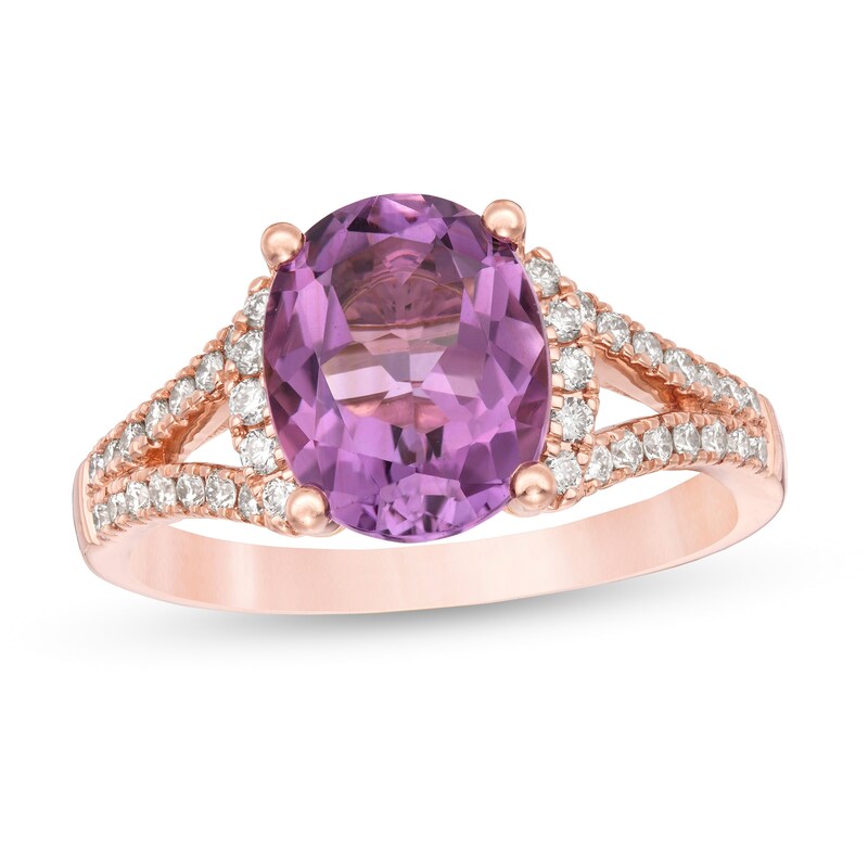 Oval Amethyst and 3/8 CT. T.W. Diamond Collar Split Shank Ring in 10K Rose Gold