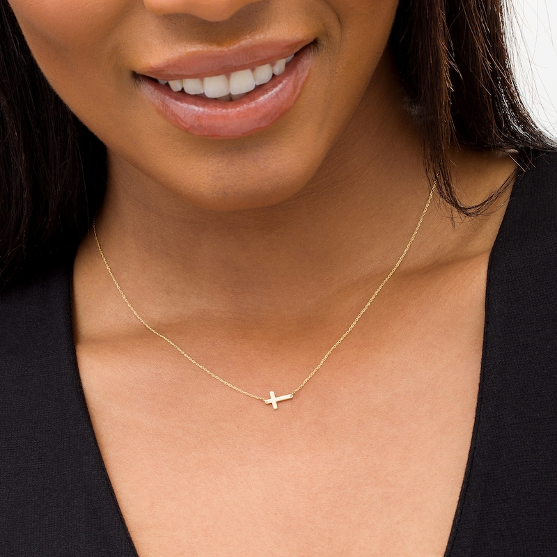 Main Image 2 of Sideways Mini Cross Necklace in 14K Gold