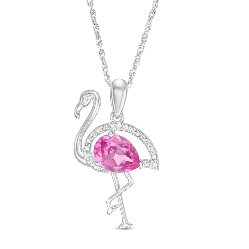 Main Image 1 of Pear-Shaped Lab-Created Pink Sapphire and Diamond Accent Flamingo Pendant in Sterling Silver