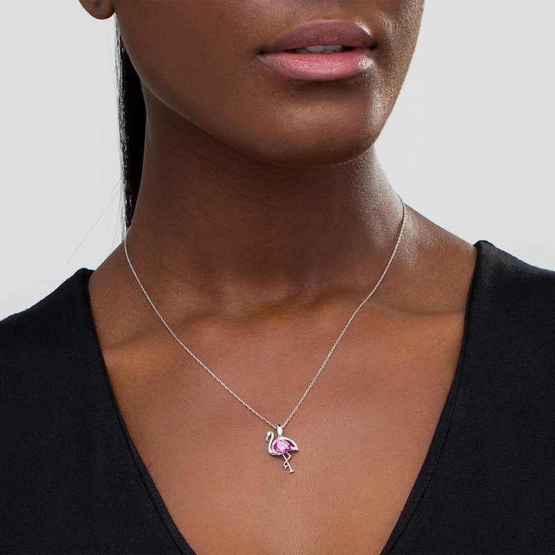 Main Image 2 of Pear-Shaped Lab-Created Pink Sapphire and Diamond Accent Flamingo Pendant in Sterling Silver