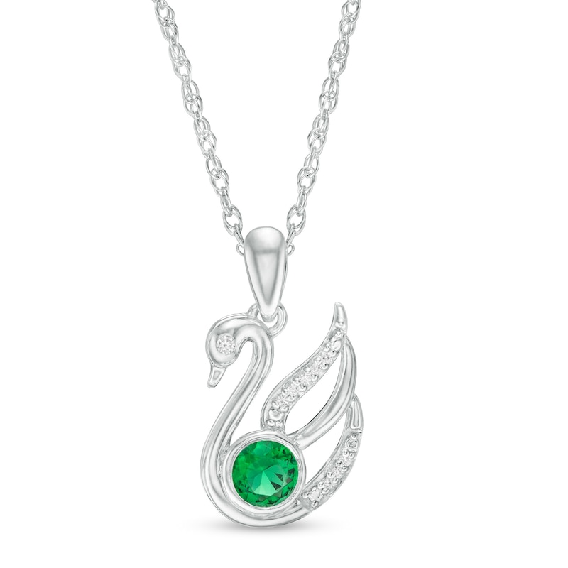 4.0mm Lab-Created Emerald and Diamond Accent Swan Pendant in Sterling Silver