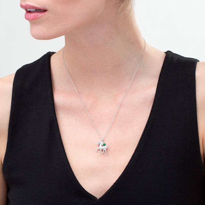 Lab-Created Emerald and Diamond Accent Prancing Horse Pendant in Sterling Silver