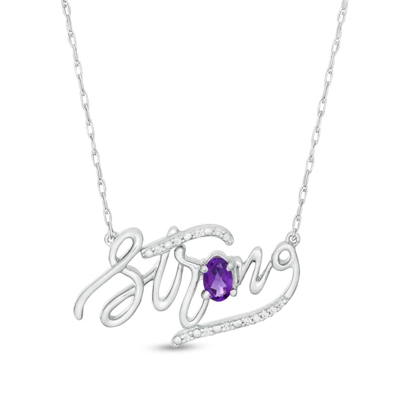 Main Image 1 of Oval Amethyst and Diamond Accent &quot;Strong&quot; Script Necklace in Sterling Silver