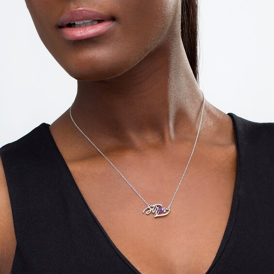 Oval Amethyst and Diamond Accent "Strong" Script Necklace in Sterling Silver Oval Amethyst and Diamond Accent "Strong" Script Necklace in Sterling Silver