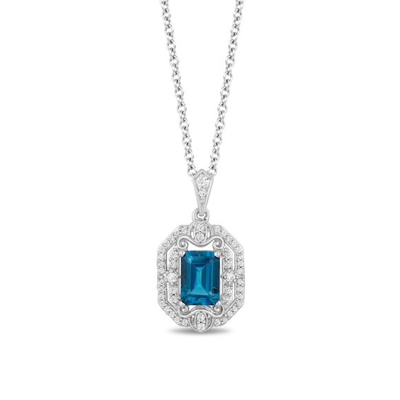 Enchanted Disney Cinderella Octagonal London Blue Topaz and 1/5 CT. T.w. Diamond Frame Pendant in Sterling Silver - 19"