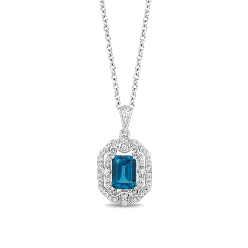 Main Image 1 of Enchanted Disney Cinderella Octagonal London Blue Topaz and 1/5 CT. T.W. Diamond Frame Pendant in Sterling Silver - 19"
