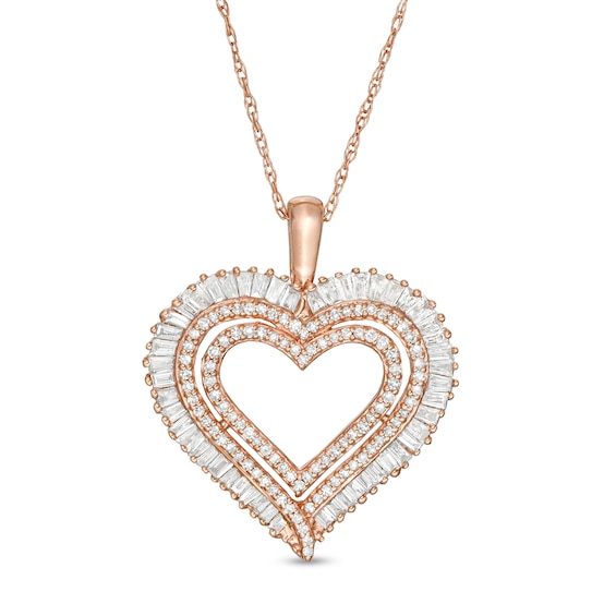 1/2 CT. T.w. Baguette and Round Diamond Multi-Row Heart Pendant in 10K Rose Gold