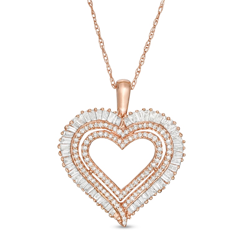 Main Image 1 of 1/2 CT. T.W. Baguette and Round Diamond Multi-Row Heart Pendant in 10K Rose Gold