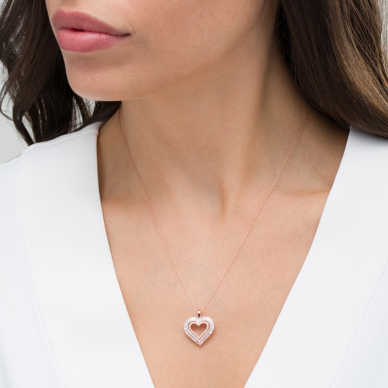 Main Image 2 of 1/2 CT. T.W. Baguette and Round Diamond Multi-Row Heart Pendant in 10K Rose Gold