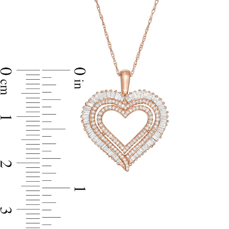 Main Image 3 of 1/2 CT. T.W. Baguette and Round Diamond Multi-Row Heart Pendant in 10K Rose Gold