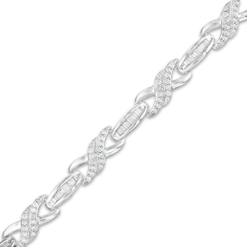 Main Image 1 of 1 CT. T.W. Baguette and Round Diamond "X" Link Bracelet in 10K White Gold - 7.25"