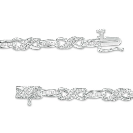 1 CT. T.w. Baguette and Round Diamond "X" Link Bracelet in 10K White Gold - 7.25"