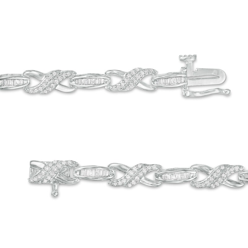 Main Image 3 of 1 CT. T.W. Baguette and Round Diamond "X" Link Bracelet in 10K White Gold - 7.25"