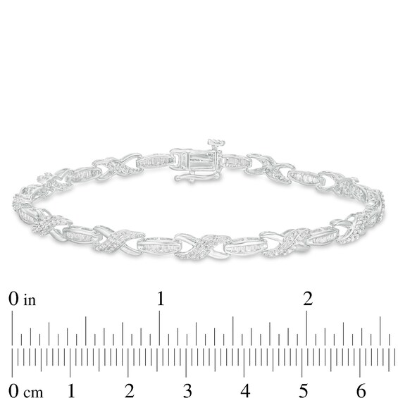 1 CT. T.w. Baguette and Round Diamond "X" Link Bracelet in 10K White Gold - 7.25"