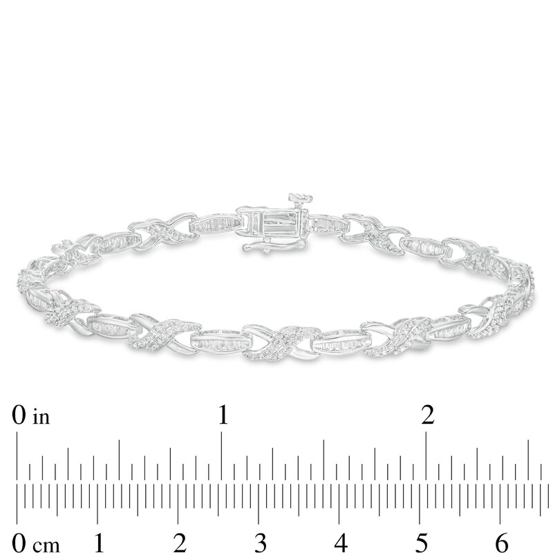 Main Image 4 of 1 CT. T.W. Baguette and Round Diamond "X" Link Bracelet in 10K White Gold - 7.25"