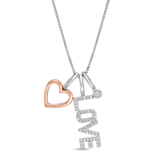 1/20 CT. T.w. Diamond Outline Heart, "Love" and Circle Charm Pendant in Sterling Silver and 10K Rose Gold