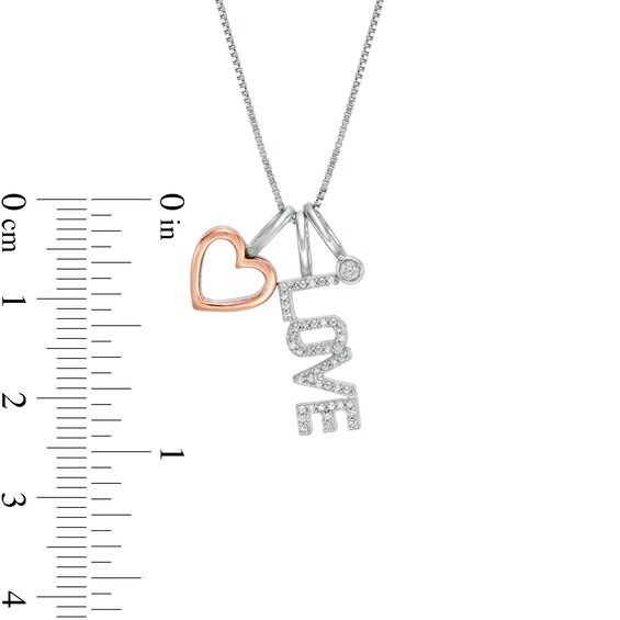 1/20 CT. T.w. Diamond Outline Heart, "Love" and Circle Charm Pendant in Sterling Silver and 10K Rose Gold