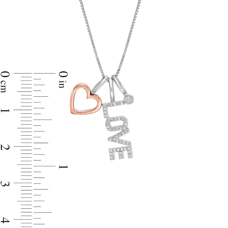 Main Image 3 of 1/20 CT. T.W. Diamond Outline Heart, "LOVE" and Circle Charm Pendant in Sterling Silver and 10K Rose Gold