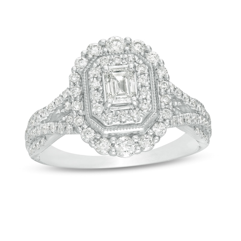 1 CT. T.W. Emerald-Cut Diamond Double Octagonal Frame Split Shank Vintage-Style Engagement Ring in 14K White Gold