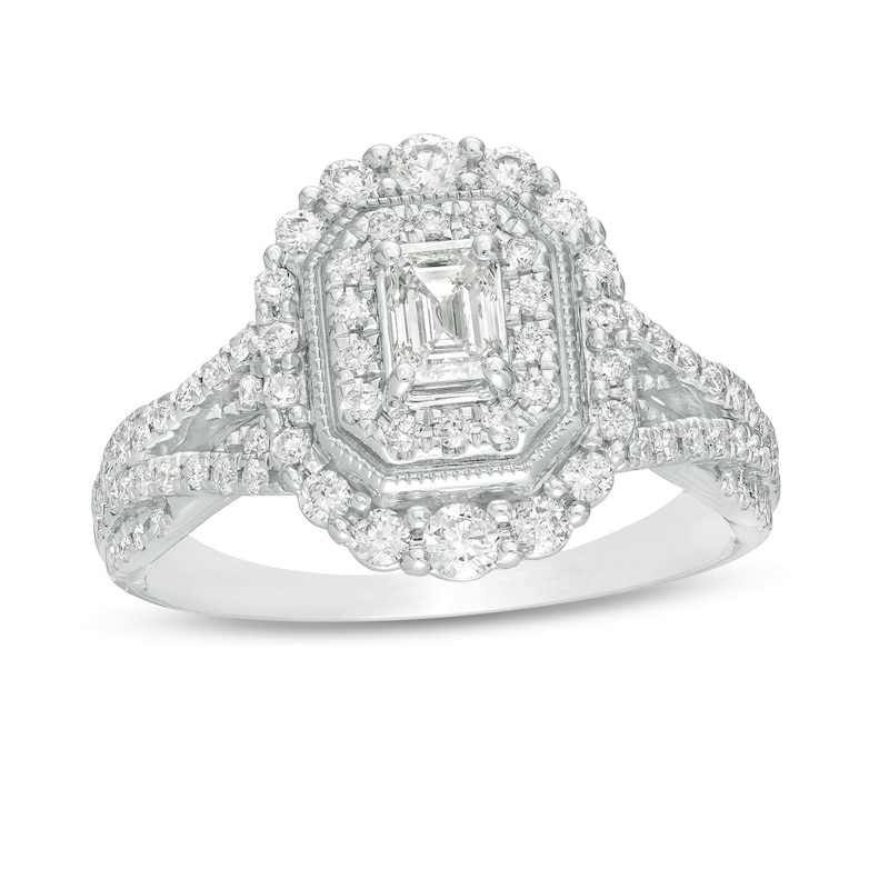 Main Image 1 of 1 CT. T.W. Emerald-Cut Diamond Double Octagonal Frame Split Shank Vintage-Style Engagement Ring in 14K White Gold