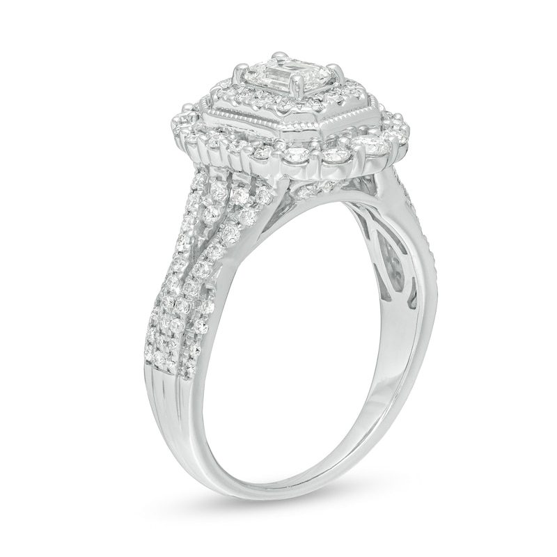 Main Image 3 of 1 CT. T.W. Emerald-Cut Diamond Double Octagonal Frame Split Shank Vintage-Style Engagement Ring in 14K White Gold
