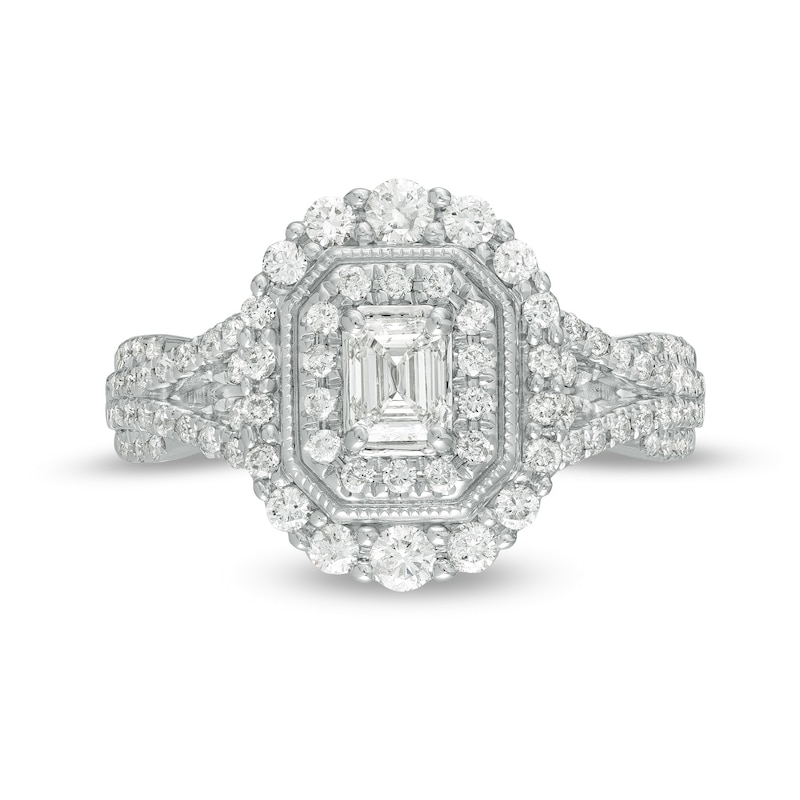 1 CT. T.W. Emerald-Cut Diamond Double Octagonal Frame Split Shank Vintage-Style Engagement Ring in 14K White Gold