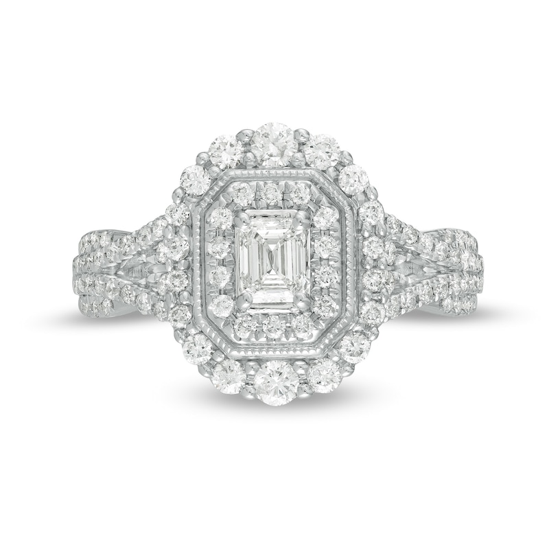 Main Image 4 of 1 CT. T.W. Emerald-Cut Diamond Double Octagonal Frame Split Shank Vintage-Style Engagement Ring in 14K White Gold