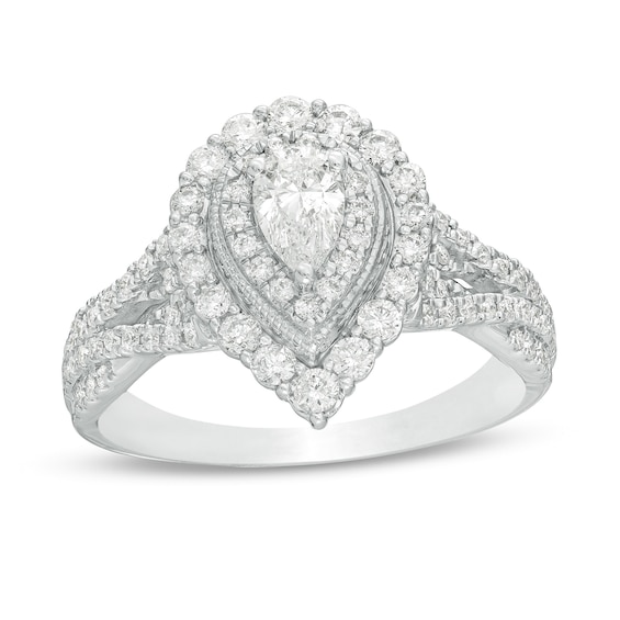 1 CT. T.w. Pear-Shaped Diamond Double Frame Split Shank Vintage-Style Engagement Ring in 14K White Gold