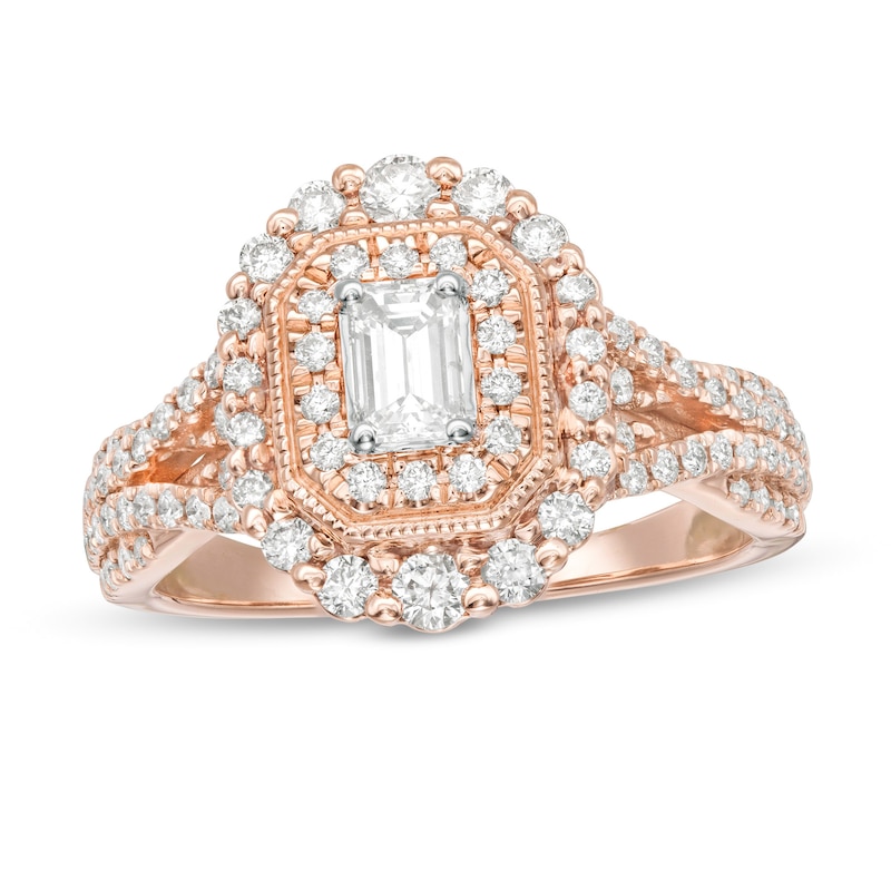 Main Image 1 of 1 CT. T.W. Emerald-Cut Diamond Double Octagonal Frame Split Shank Vintage-Style Engagement Ring in 14K Rose Gold