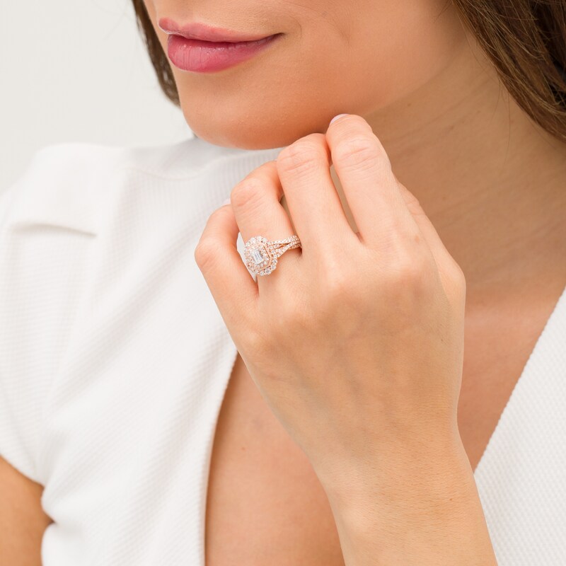 Main Image 2 of 1 CT. T.W. Emerald-Cut Diamond Double Octagonal Frame Split Shank Vintage-Style Engagement Ring in 14K Rose Gold