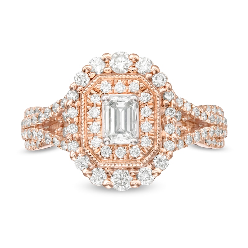 Main Image 4 of 1 CT. T.W. Emerald-Cut Diamond Double Octagonal Frame Split Shank Vintage-Style Engagement Ring in 14K Rose Gold