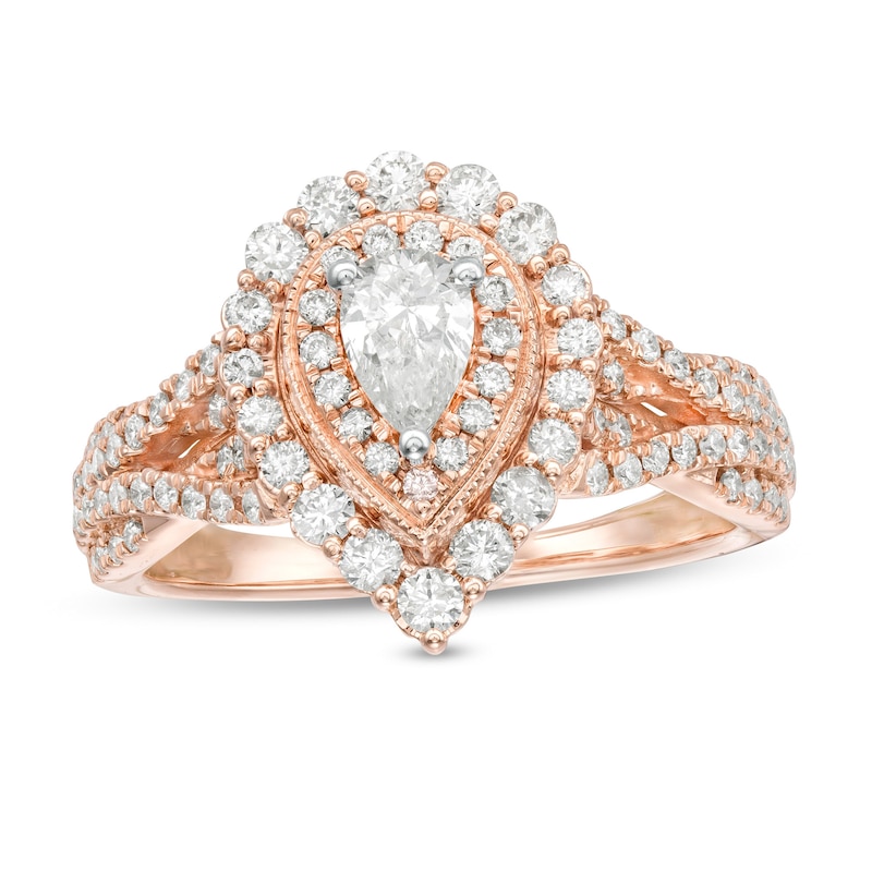 Main Image 1 of 1 CT. T.W. Pear-Shaped Diamond Double Frame Split Shank Vintage-Style Engagement Ring in 14K Rose Gold