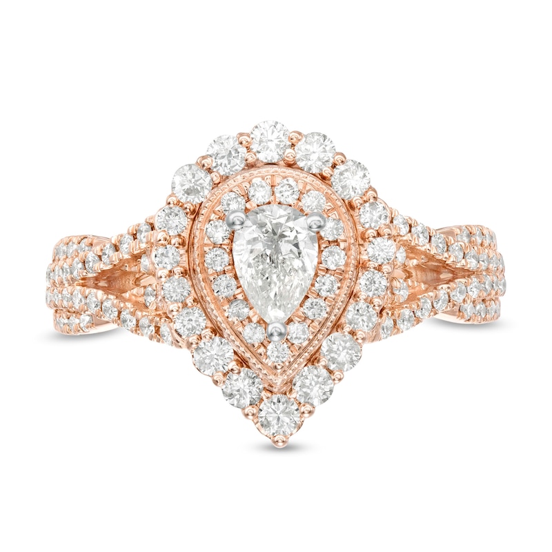 Main Image 4 of 1 CT. T.W. Pear-Shaped Diamond Double Frame Split Shank Vintage-Style Engagement Ring in 14K Rose Gold