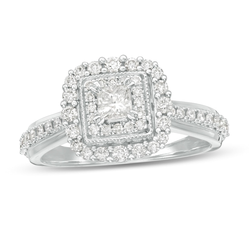 Main Image 1 of 5/8 CT. T.W. Princess-Cut Diamond Double Frame Vintage-Style Engagement Ring in 10K White Gold