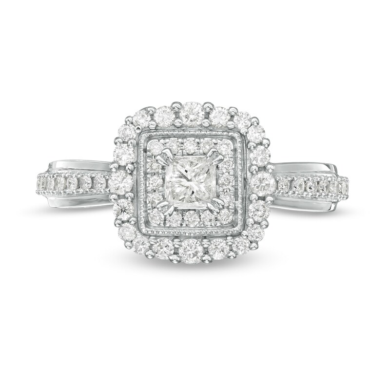 Main Image 4 of 5/8 CT. T.W. Princess-Cut Diamond Double Frame Vintage-Style Engagement Ring in 10K White Gold