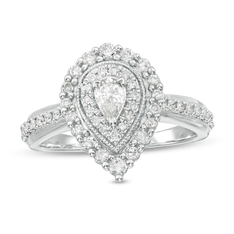 Main Image 1 of 5/8 CT. T.W. Pear-Shaped Diamond Double Frame Vintage-Style Engagement Ring in 10K White Gold