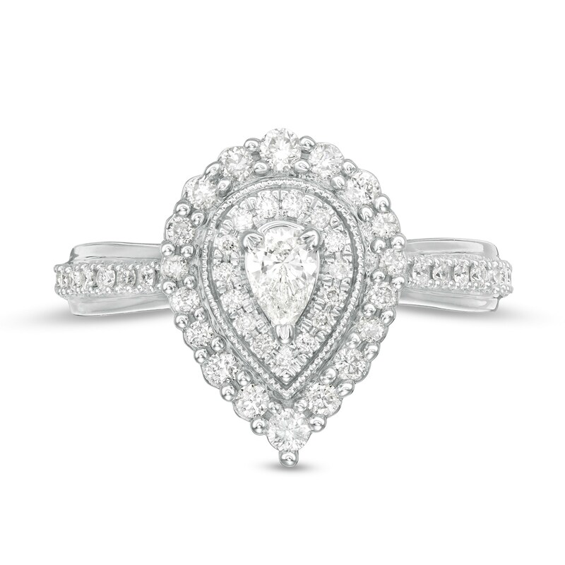 Main Image 4 of 5/8 CT. T.W. Pear-Shaped Diamond Double Frame Vintage-Style Engagement Ring in 10K White Gold