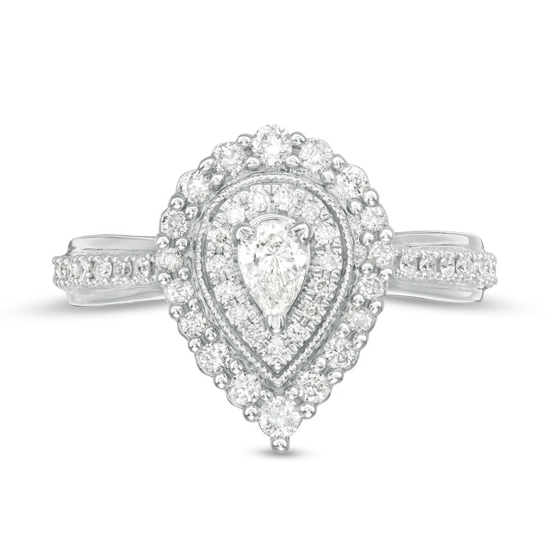 5/8 CT. T.W. Pear-Shaped Diamond Double Frame Vintage-Style Engagement Ring in 10K White Gold