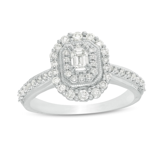 5/8 CT. T.w. Emerald-Cut Diamond Double Octagonal Frame Vintage-Style Engagement Ring in 10K White Gold