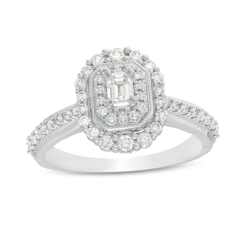 Main Image 1 of 5/8 CT. T.W. Emerald-Cut Diamond Double Octagonal Frame Vintage-Style Engagement Ring in 10K White Gold
