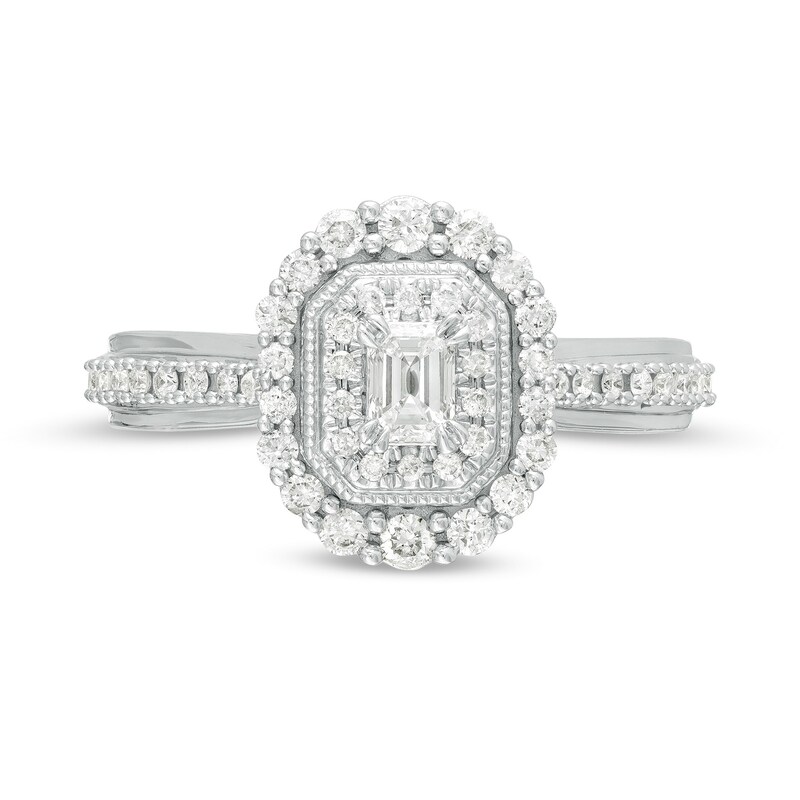 Main Image 4 of 5/8 CT. T.W. Emerald-Cut Diamond Double Octagonal Frame Vintage-Style Engagement Ring in 10K White Gold