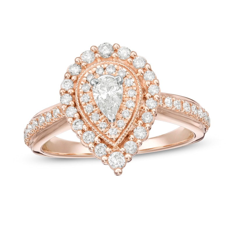 Main Image 1 of 5/8 CT. T.W. Pear-Shaped Diamond Double Frame Stepped Edge Vintage-Style Engagement Ring in 10K Rose Gold